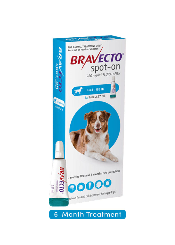 Bravecto Spot On flea and tick treatment for large dogs (44-88 lbs), no RX required, product box
