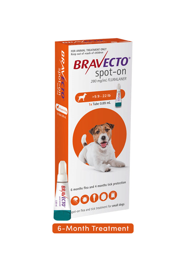 Bravecto Spot On flea treatment for small dogs (9.9-22 lbs), no prescription needed, product packaging