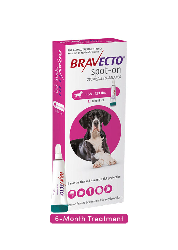 Bravecto Spot On flea and tick treatment for extra large dogs (88-123 lbs), product packaging, no RX needed