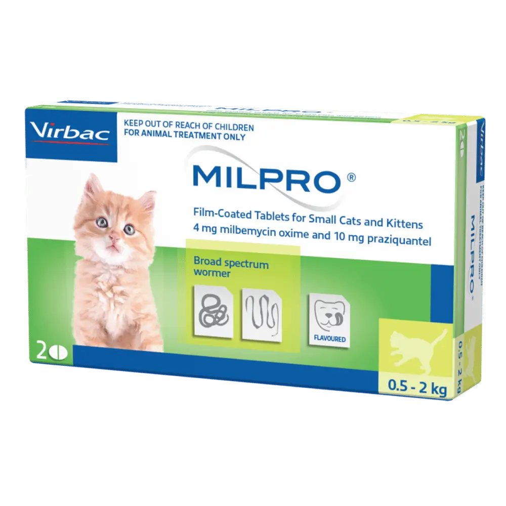 Milpro deworming tablet for kittens and small cats – protects against roundworms, hookworms, and tapeworms.