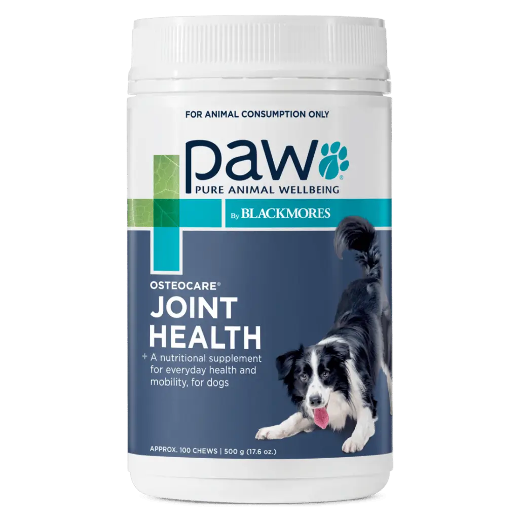 PAW by Blackmores Osteocare joint health chews for dogs, 1.1 lbs, supports joint function and mobility, product packaging, no prescription needed