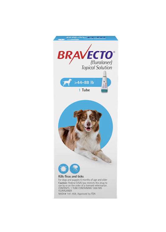 Bravecto Spot On flea and tick treatment for large dogs (44-88 lbs), no RX required, product box