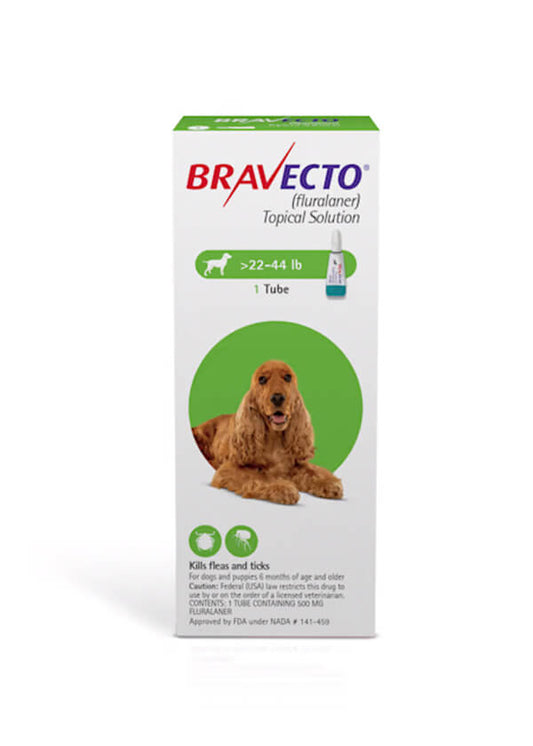 Bravecto Spot On flea and tick treatment for medium dogs (22-44 lbs), product packaging, no vet visit required