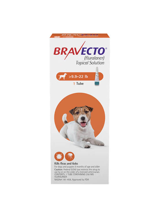 Bravecto Spot On flea treatment for small dogs (9.9-22 lbs), no prescription needed, product packaging