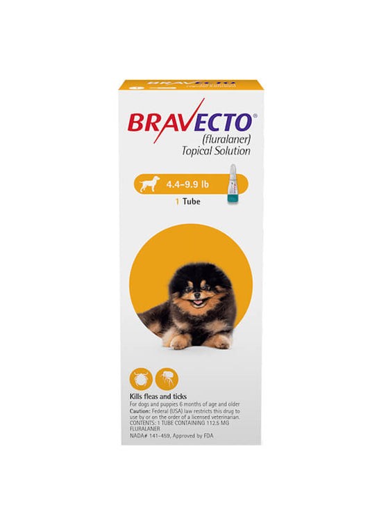 Bravecto Spot On flea treatment for very small or toy dogs (4.4-9.9 lbs), no prescription required, product packaging