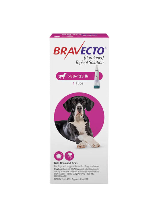 Bravecto Spot On flea and tick treatment for extra large dogs (88-123 lbs), product packaging, no RX needed