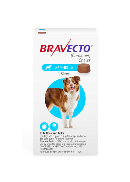 Bravecto med pills flea and tick prevention treatment for large dogs (44-88 lbs), no RX needed, product package