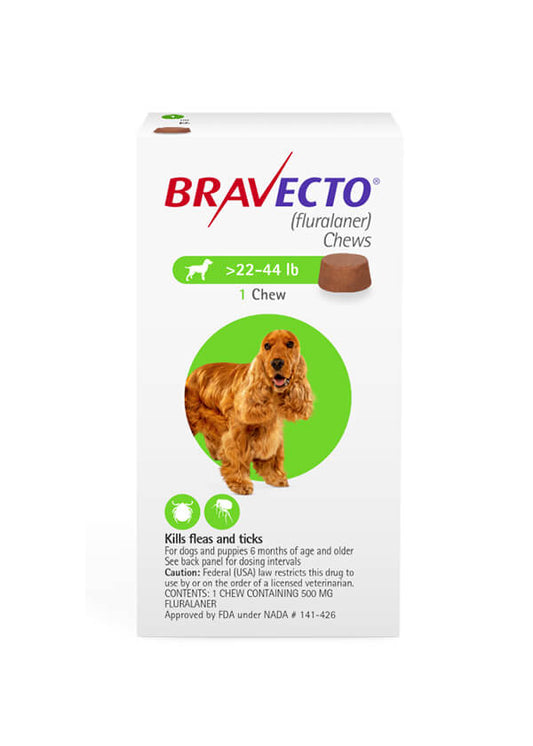 Bravecto Chews flea and tick treatment for medium dogs (22-44 lbs), no prescription necessary, product packaging