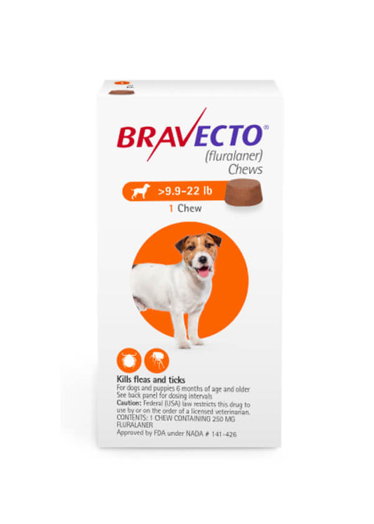 Bravecto Chews flea and tick treatment for small dogs (9.9-22 lbs), product packaging, no RX required