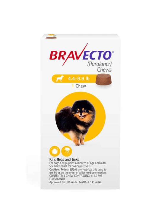 Bravecto Chews flea and tick treatment for very small dogs (4.4-9.9 lbs), no prescription needed, product packaging