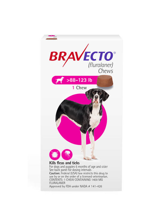 Bravecto Chews flea and tick treatment for extra-large dogs (88-123 lbs), no prescription required, product packaging