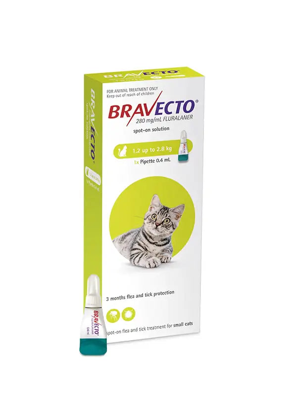 Bravecto Plus flea and worm spot-on for small cats (2.6-6.2 lbs), product packaging, no prescription needed