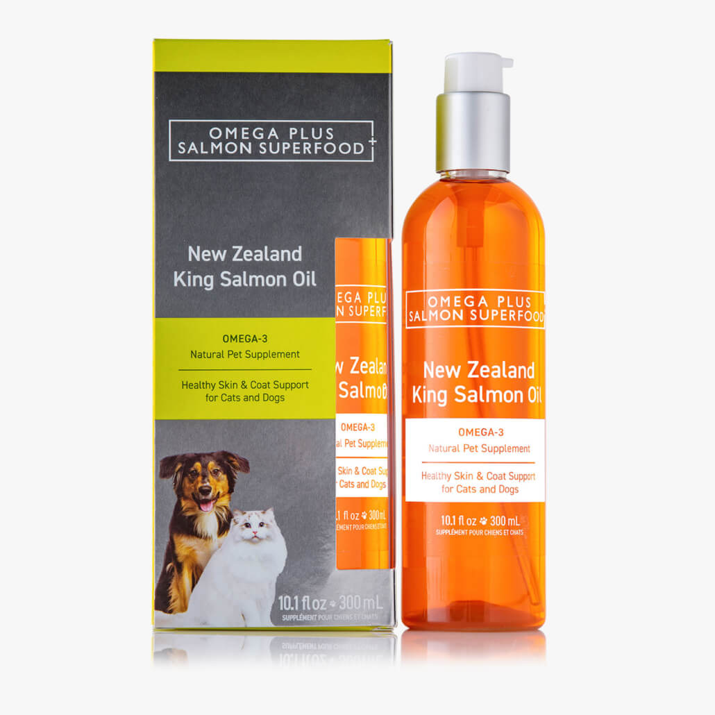 Omega New Zealand King Salmon Oil for cats and dogs, 10.1 oz, supports healthy skin and coat, omega 3, product packaging, no prescription needed