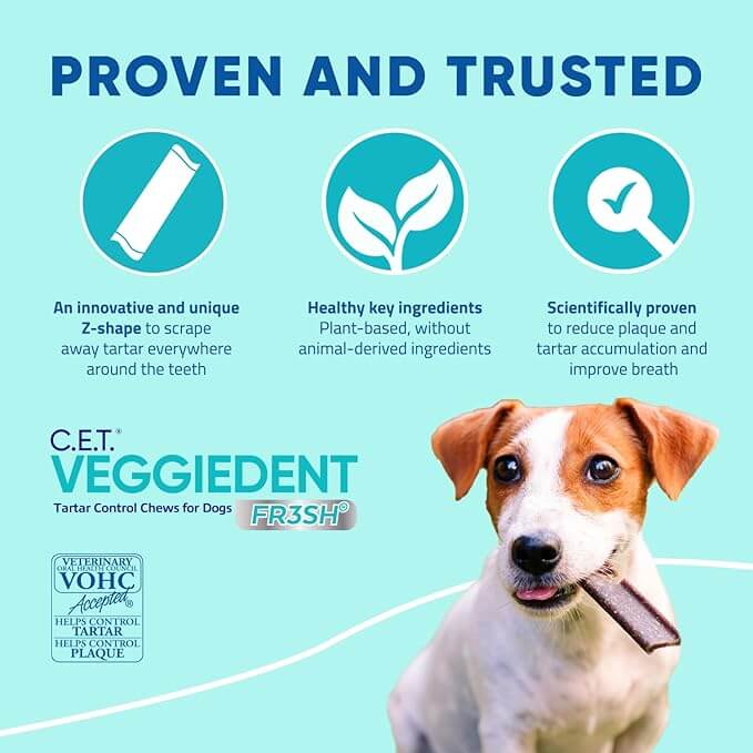 VOHC-approved Veggiedent FR3SH chews for medium dogs, freshens breath and supports gut health