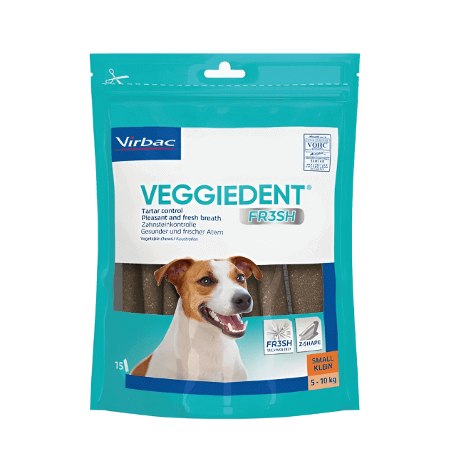 Veggiedent FR3SH small dog dental chews, Z-shape design for plaque removal.