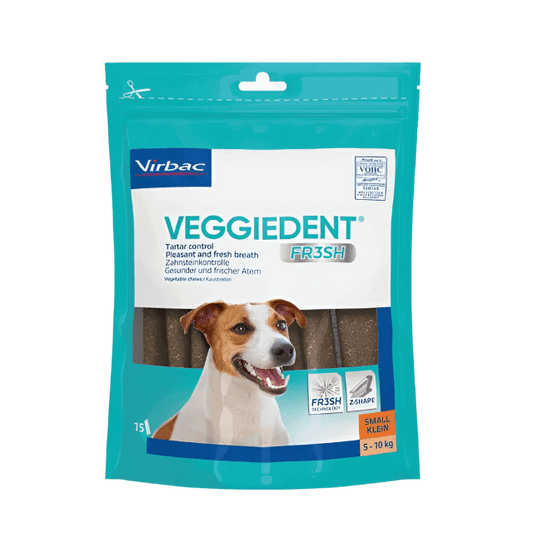 Veggiedent FR3SH small dog dental chews, Z-shape design for plaque removal.