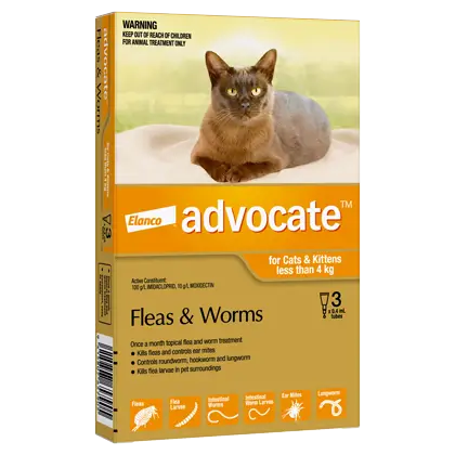 Advocate advantage multi flea and worm treatment for small cats and kittens up to 9 lbs, product packaging, no prescription required