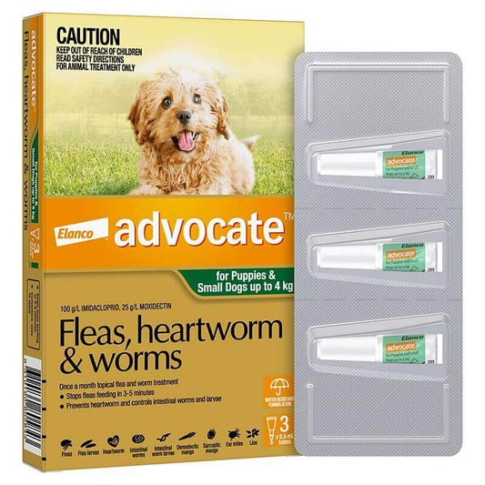 Advocate Spot On treatment for small dogs and puppies up to 8.8lbs, no vet visit required, product box.