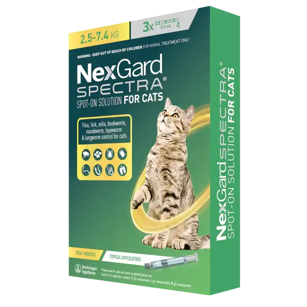 NexGard Spectra flea and tick spot on for cats (5.5-16.3 lbs), no prescription needed, product packaging, 3 pack