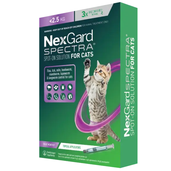 NexGard Spectra spot on for cats and kittens up to 5.5 lbs, flea and tick prevention, product packaging, no RX required