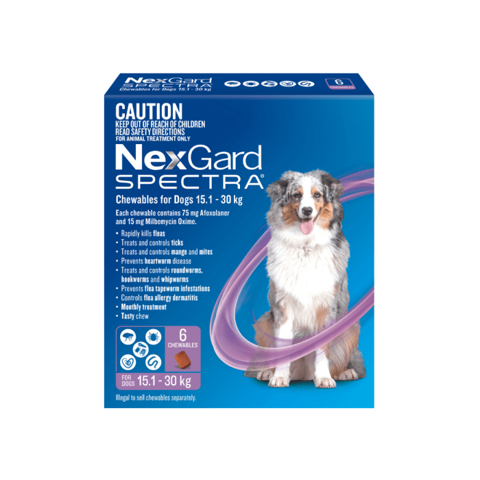 NexGard Spectra flea and tick protection chew for large dogs (33.1-66.1 lbs), no vet prescription needed, product box