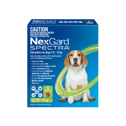 NexGard Spectra flea and tick chew for medium dogs (16.6-33 lbs), no prescription required, product packaging