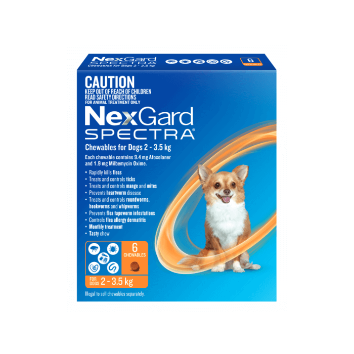 NexGard Spectra flea and tick chew for very small dogs (7.8-16.5 lbs), no prescription required, product packaging